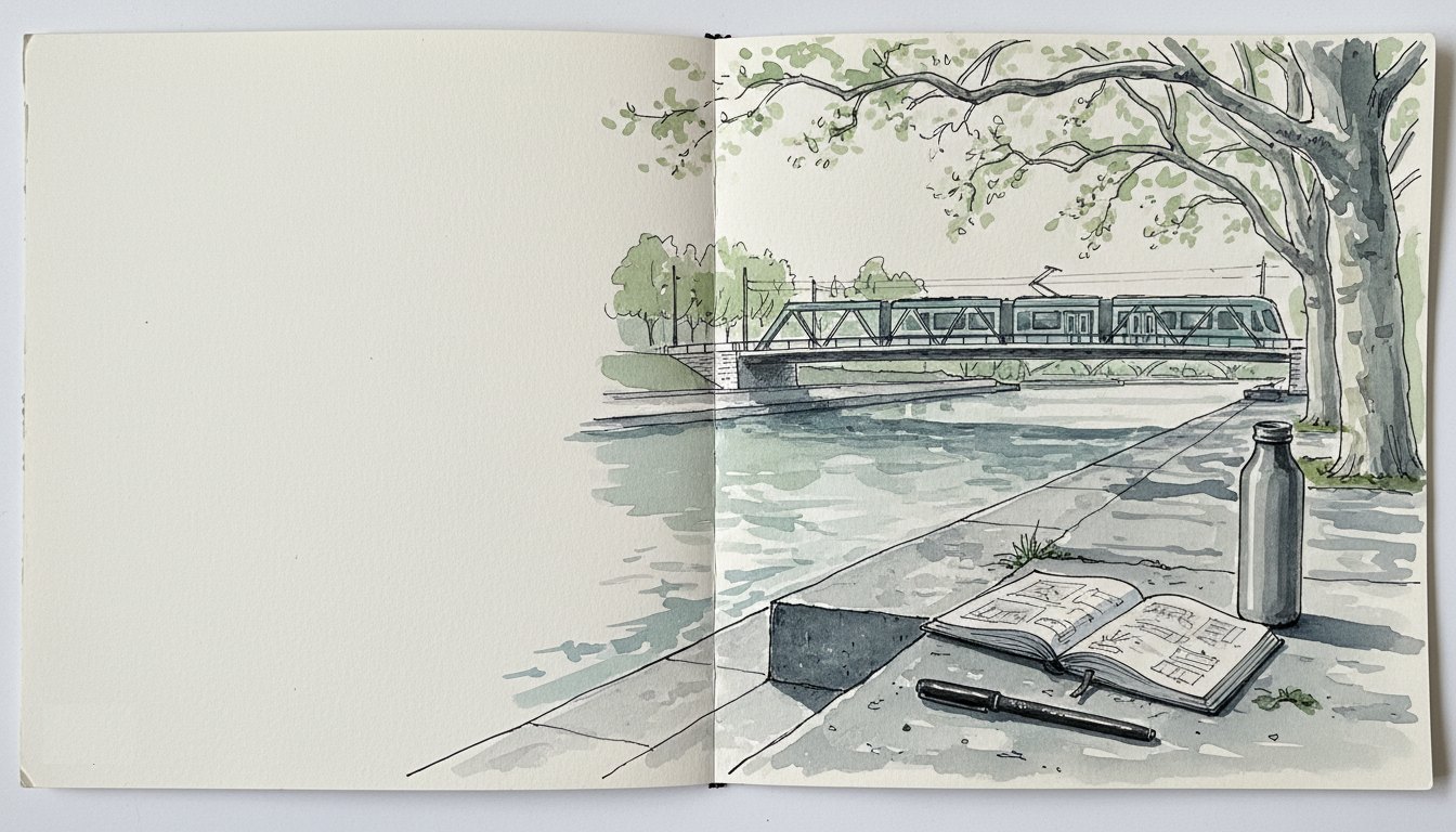 An open sketchbook on a riverside step: a footbridge, a tram and plane trees in grey-green watercolor