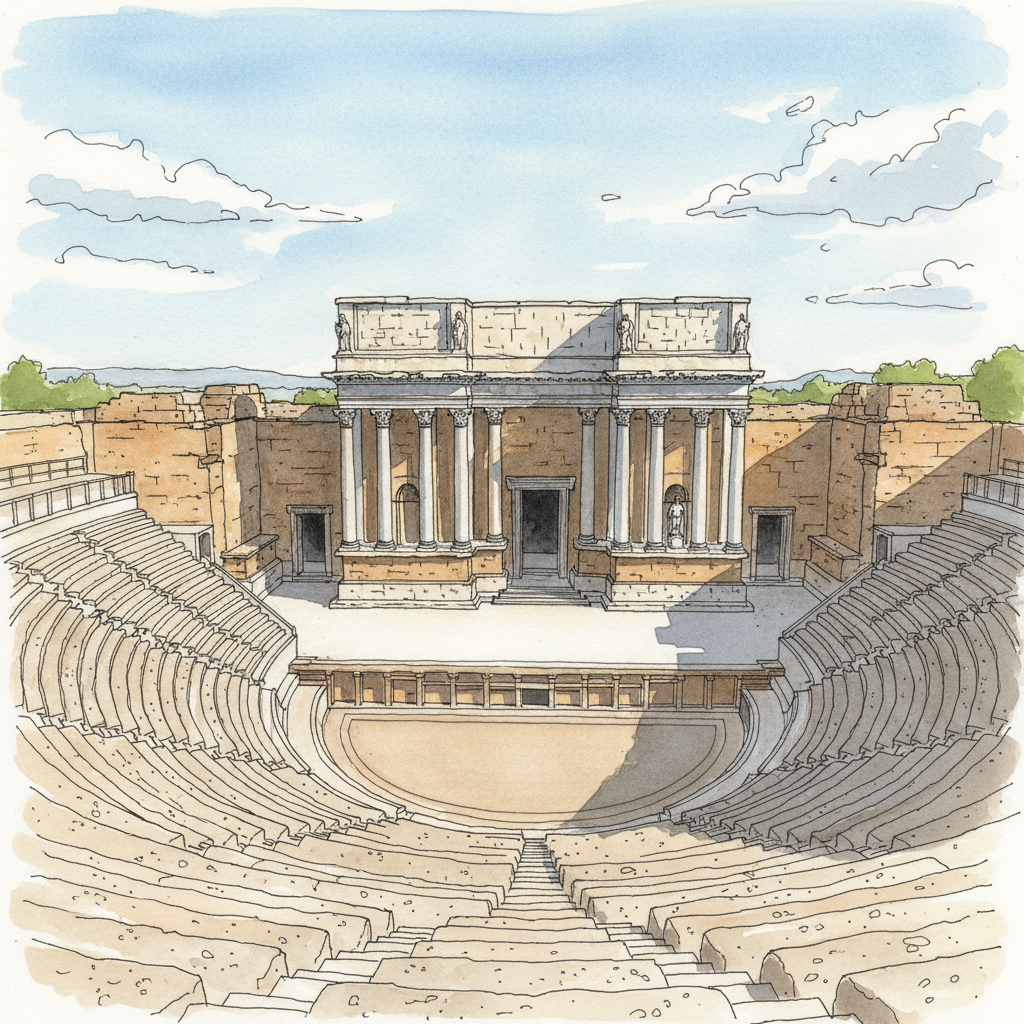 Watercolor sketch of the Roman Theatre of Mérida in afternoon light, stone columns and curved seating tiers