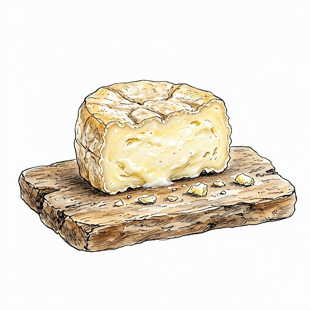 Ink vignette of a wedge of torta del Casar cheese on a wooden board