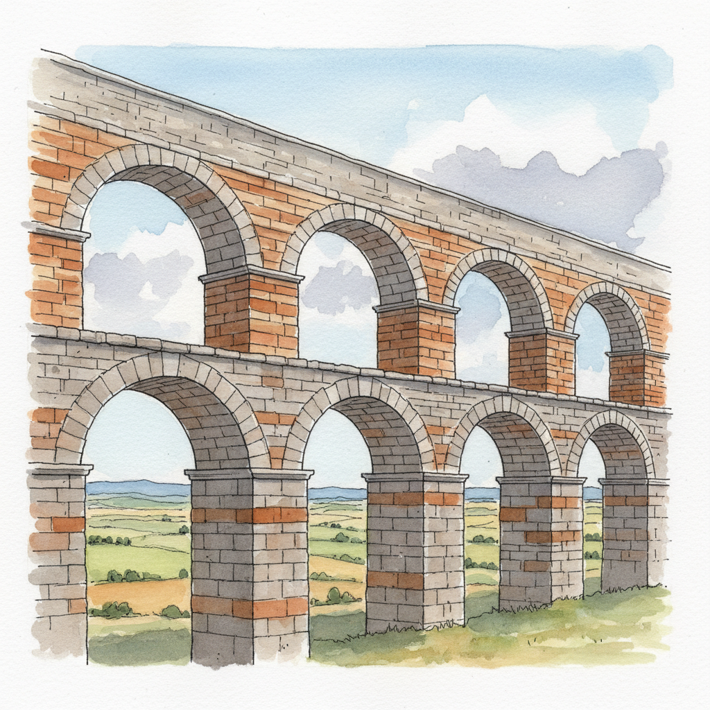 Watercolor sketch of the Acueducto de los Milagros Roman aqueduct in Mérida, granite and red brick arches under a partly cloudy sky