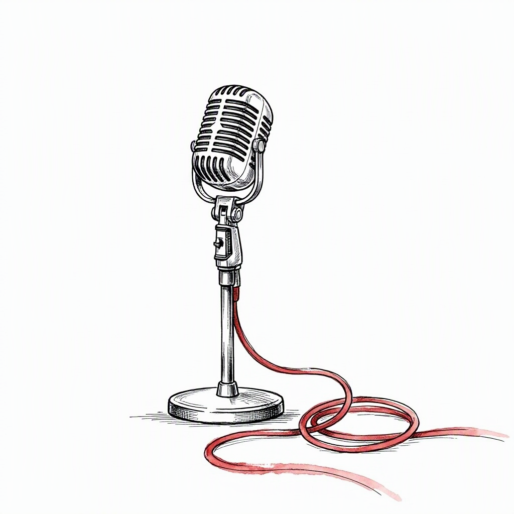 Ink vignette of a microphone on a stand with a red cable, empty stage waiting for the festival