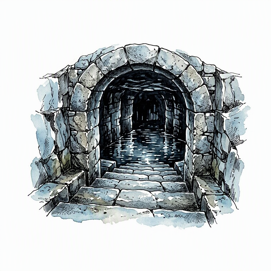 Ink vignette of a stone arch descending into the Alcazaba cistern