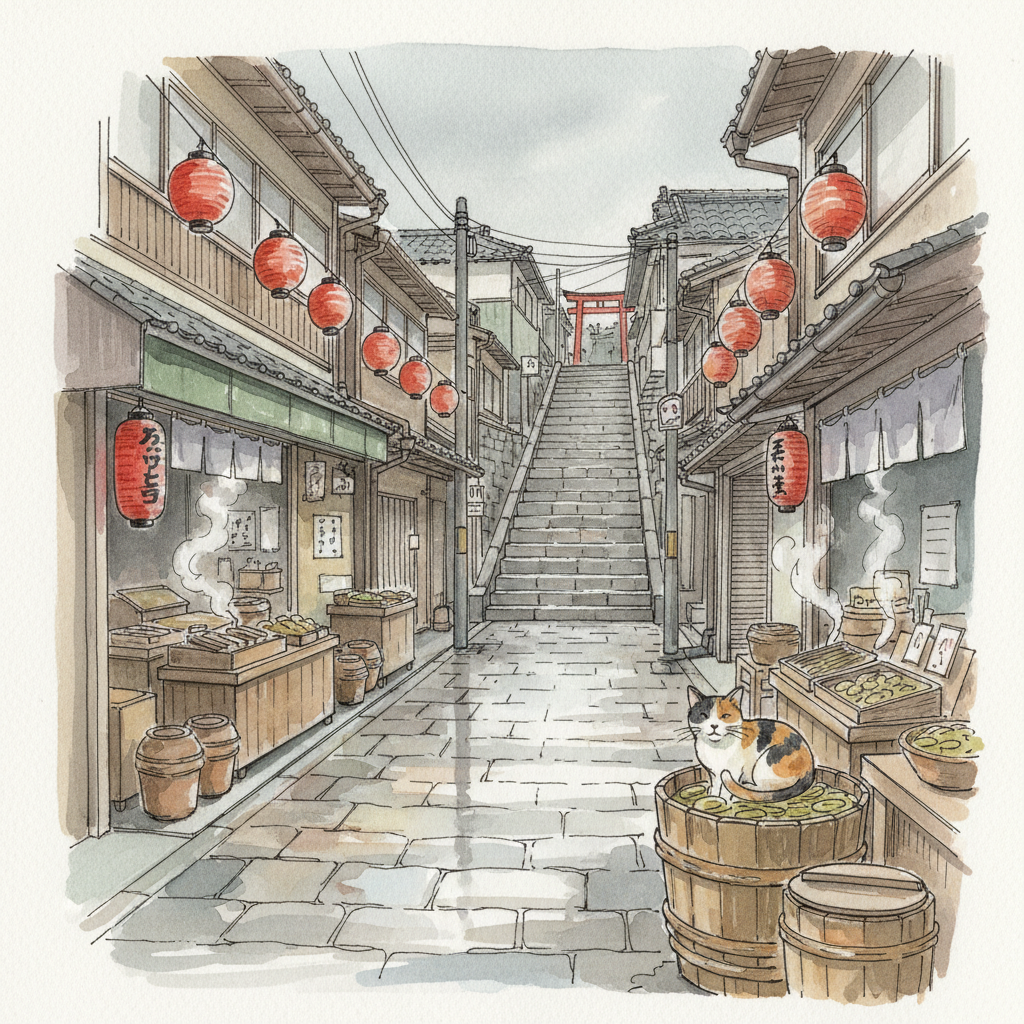 Watercolor sketch of Yanaka Ginza shopping street in Tokyo after rain, with red lanterns, wooden shopfronts, and a cat on a pickle barrel