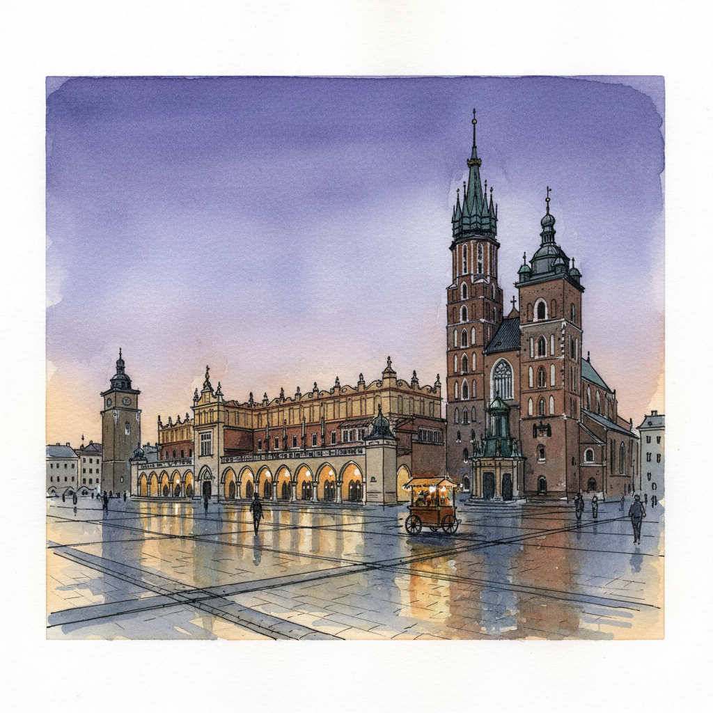 Watercolour of Kraków's Main Square at dusk with the Cloth Hall and St. Mary's Basilica's uneven towers