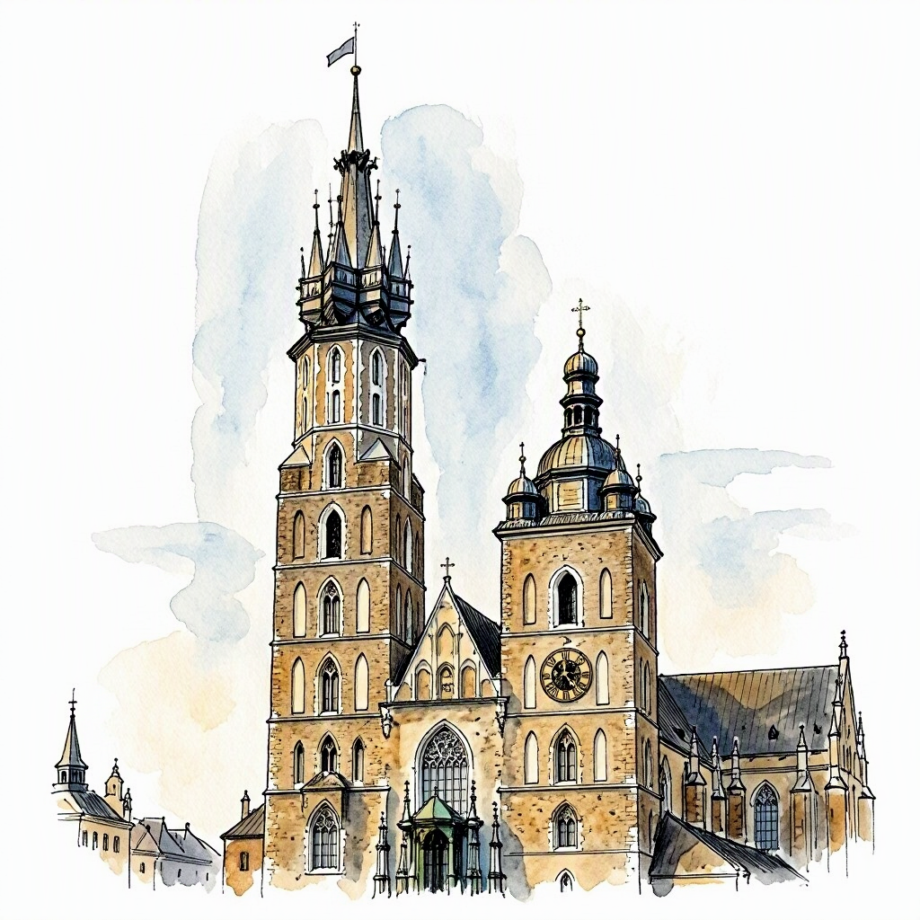 Spot illustration of St. Mary's Basilica's two uneven towers