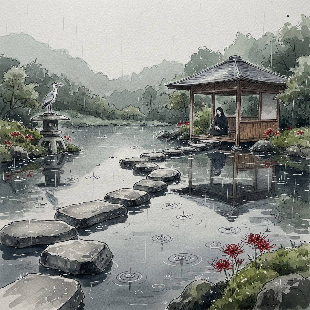 Watercolor sketch of Kiyosumi Teien garden in the rain, with stepping stones, pond, and pavilion