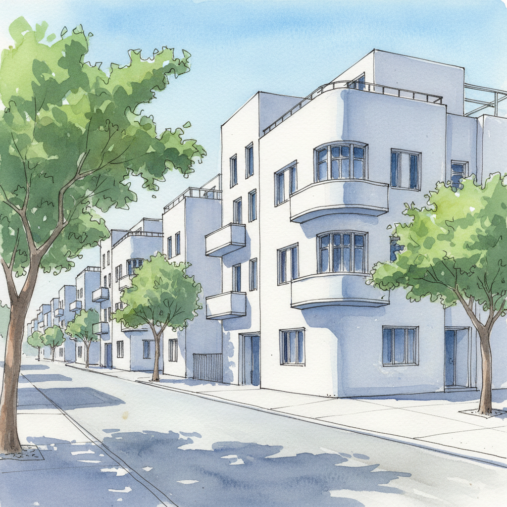 Watercolour of Dizengoff Street in Tel Aviv's White City with white Bauhaus buildings in sharp midday light