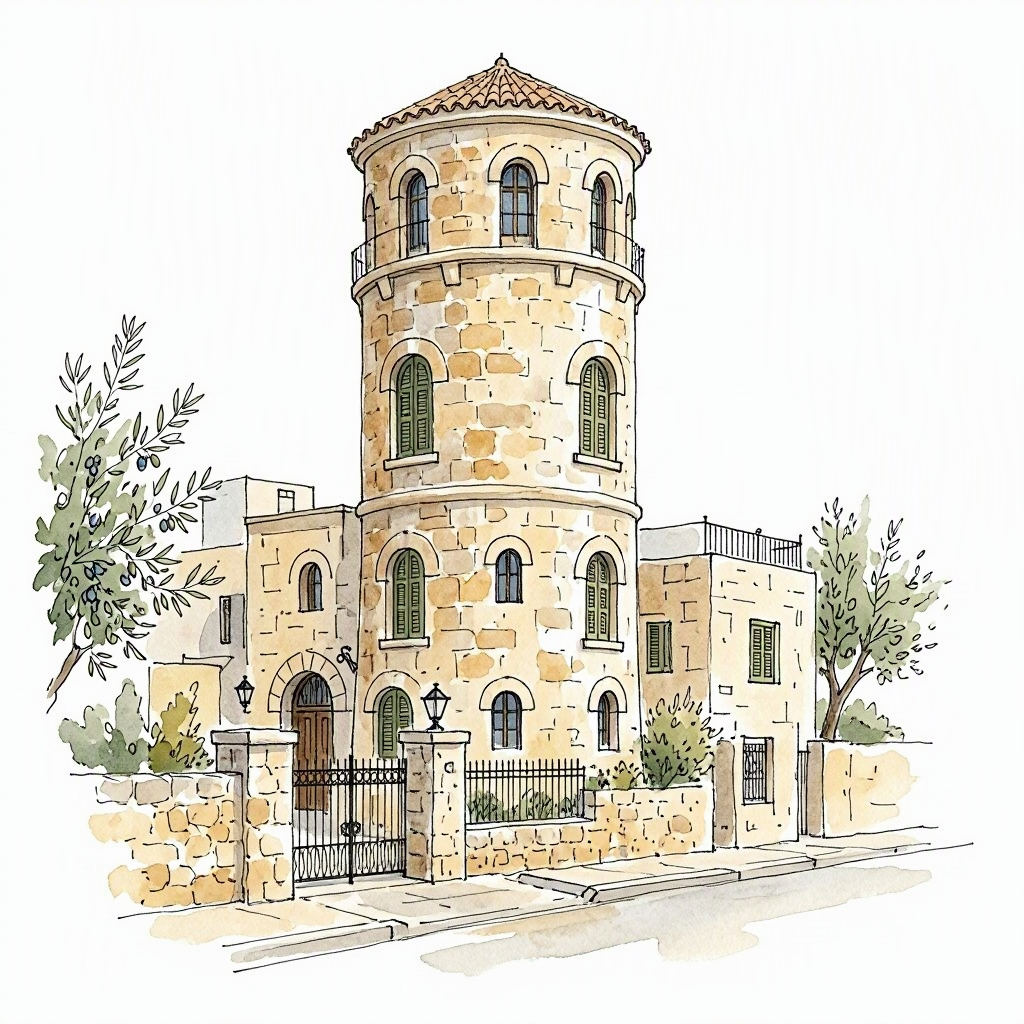 Spot illustration of the Mazeh Street water tower in Tel Aviv, a 100-year-old eclectic stone building