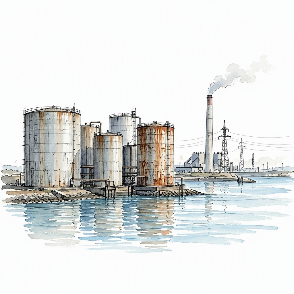 Spot illustration of the Reading Tank Farm in Tel Aviv — industrial oil tanks on the Yarkon estuary