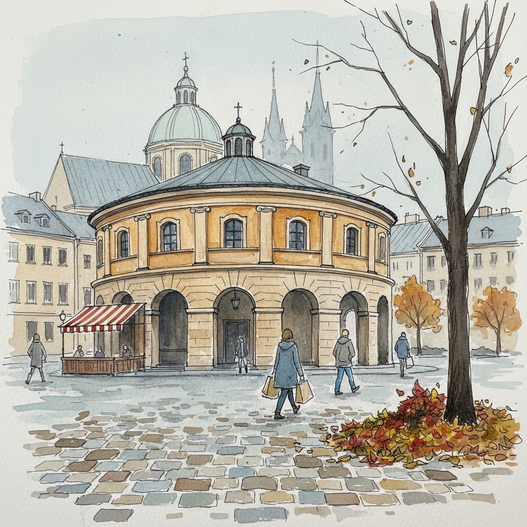 Watercolour sketch of Plac Nowy in Kazimierz, Kraków — the round market building, café awnings, cobblestones, autumn light