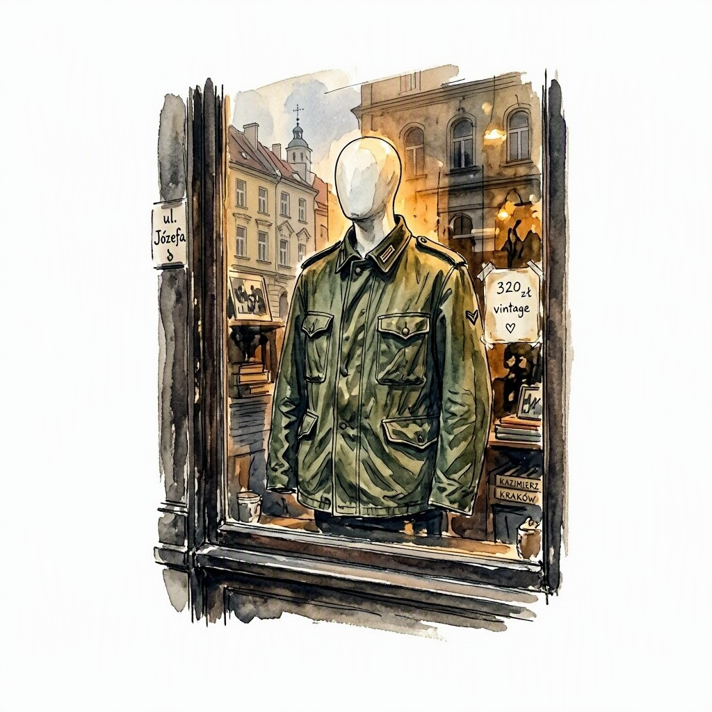 Ink drawing of a vintage shop window on Józefa Street, Kazimierz — a mannequin in a Polish army jacket