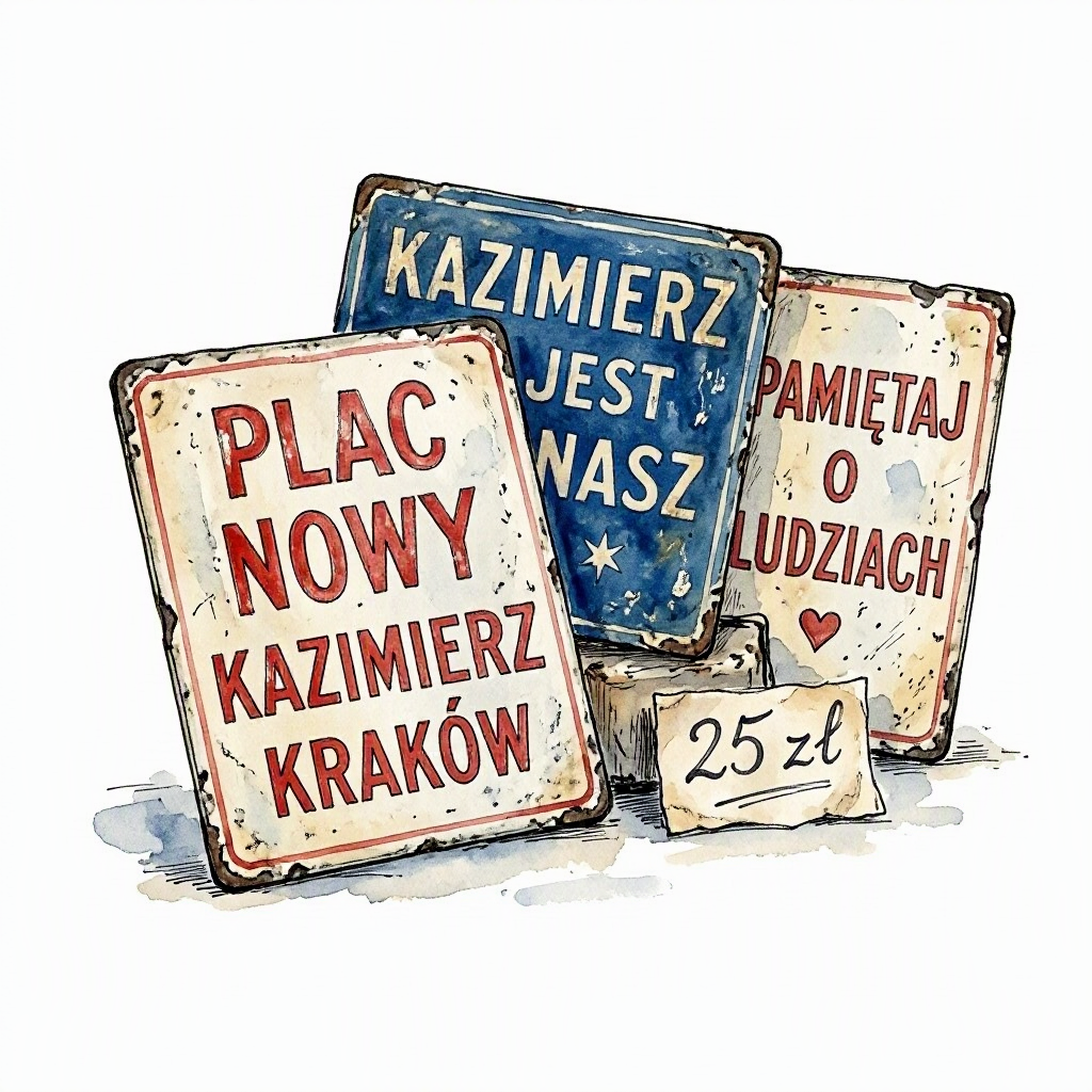 Ink drawing of stacked vintage enamel signs at the Plac Nowy flea market