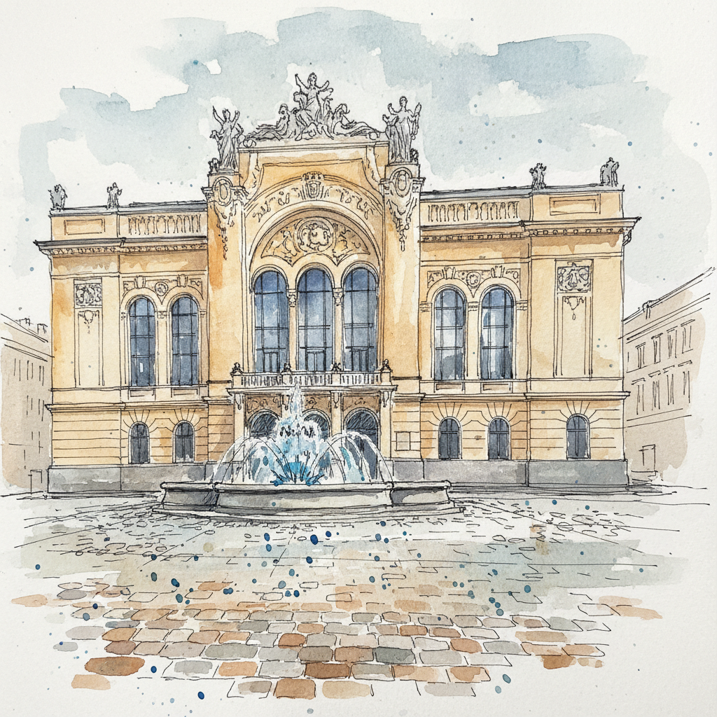 Watercolour sketch of the Palace of Fine Arts on Plac Szczepański in Kraków — Art Nouveau façade, fountain, autumn light
