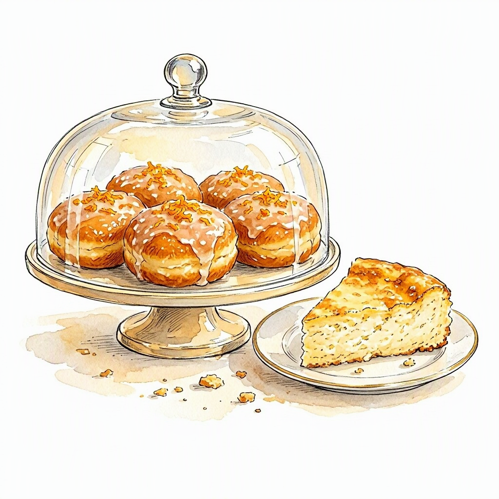 Ink and watercolour spot drawing of a traditional Polish pastry counter — stacked pączki, a slice of sernik, a glass cake dome