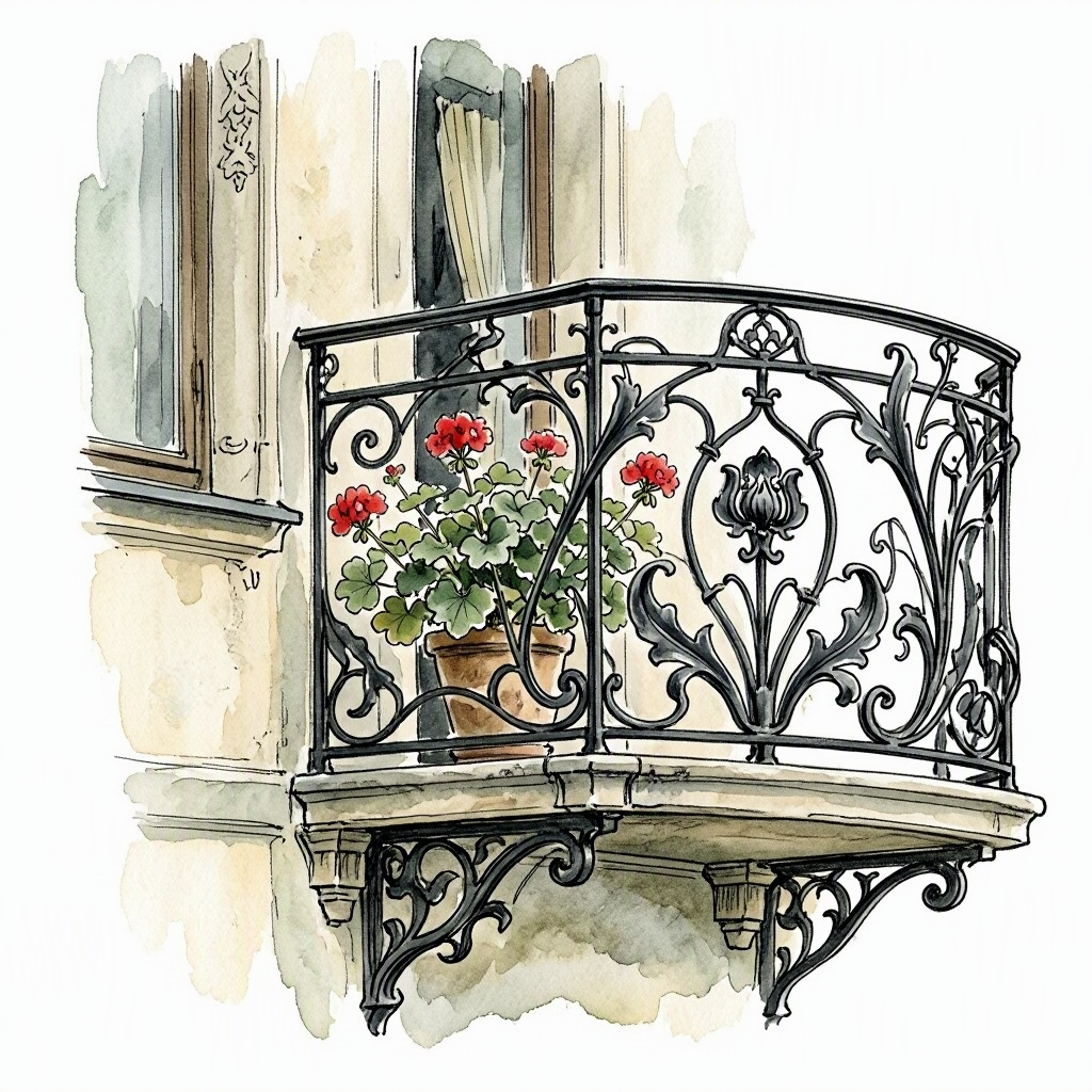 Ink spot drawing of a decorative wrought-iron balcony with an Art Nouveau floral motif on a Kraków tenement façade