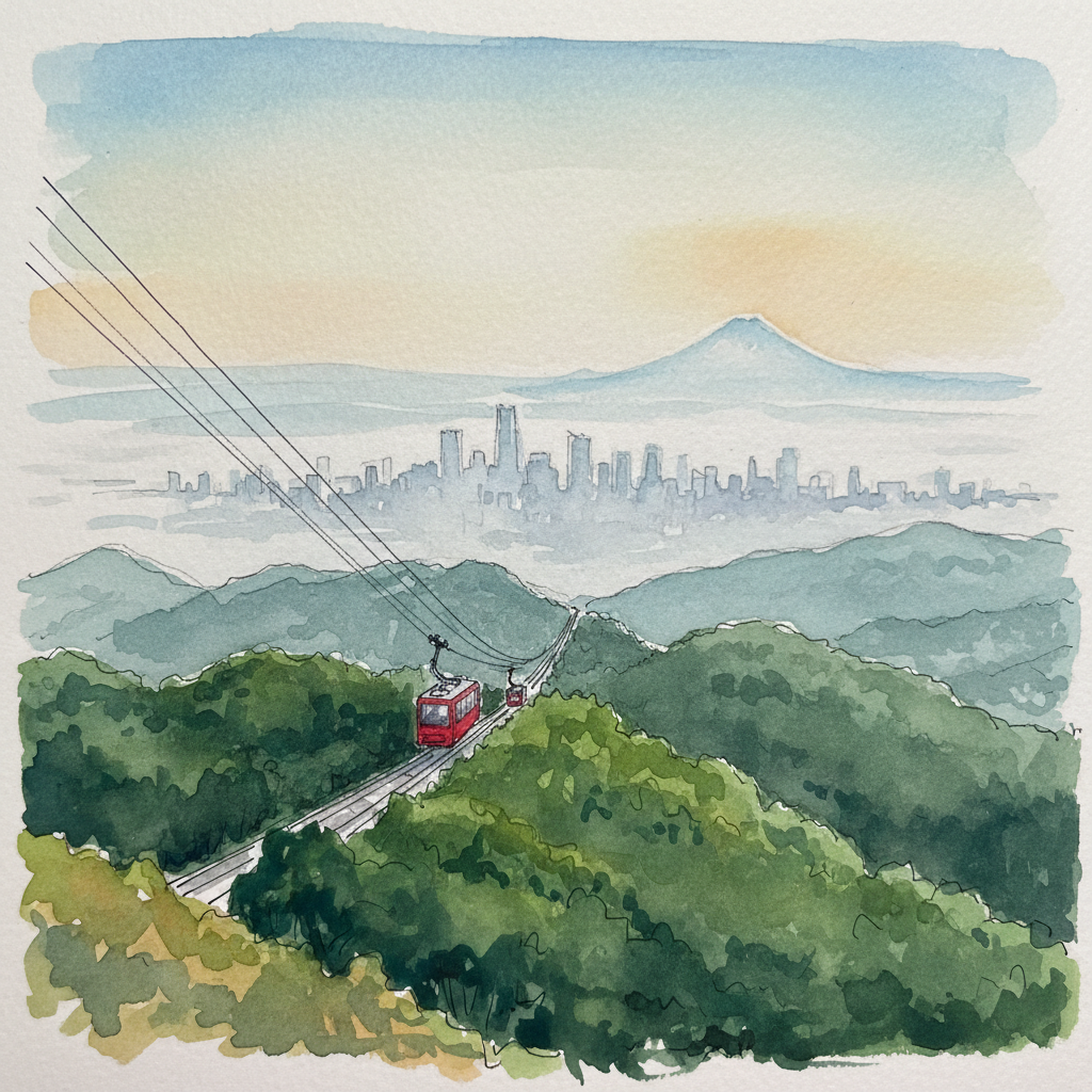 A loose watercolor sketch of Mount Takao's summit view, with the funicular climbing through green forest, a hazy Tokyo skyline in the distance, and the silhouette of Mount Fuji faint on the horizon