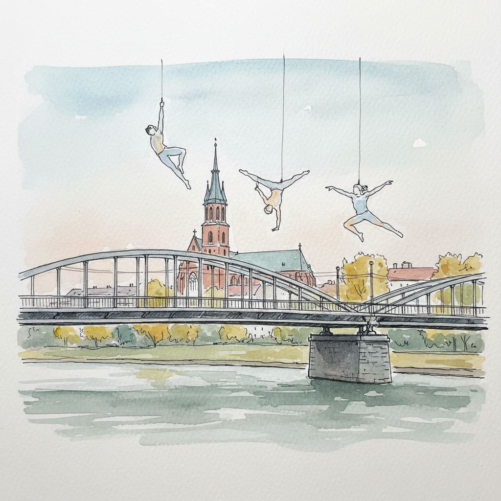 The Father Bernatek Footbridge spanning the Vistula, with acrobat sculptures suspended above the steel arch, and St. Joseph's Church spire visible in Podgórze beyond