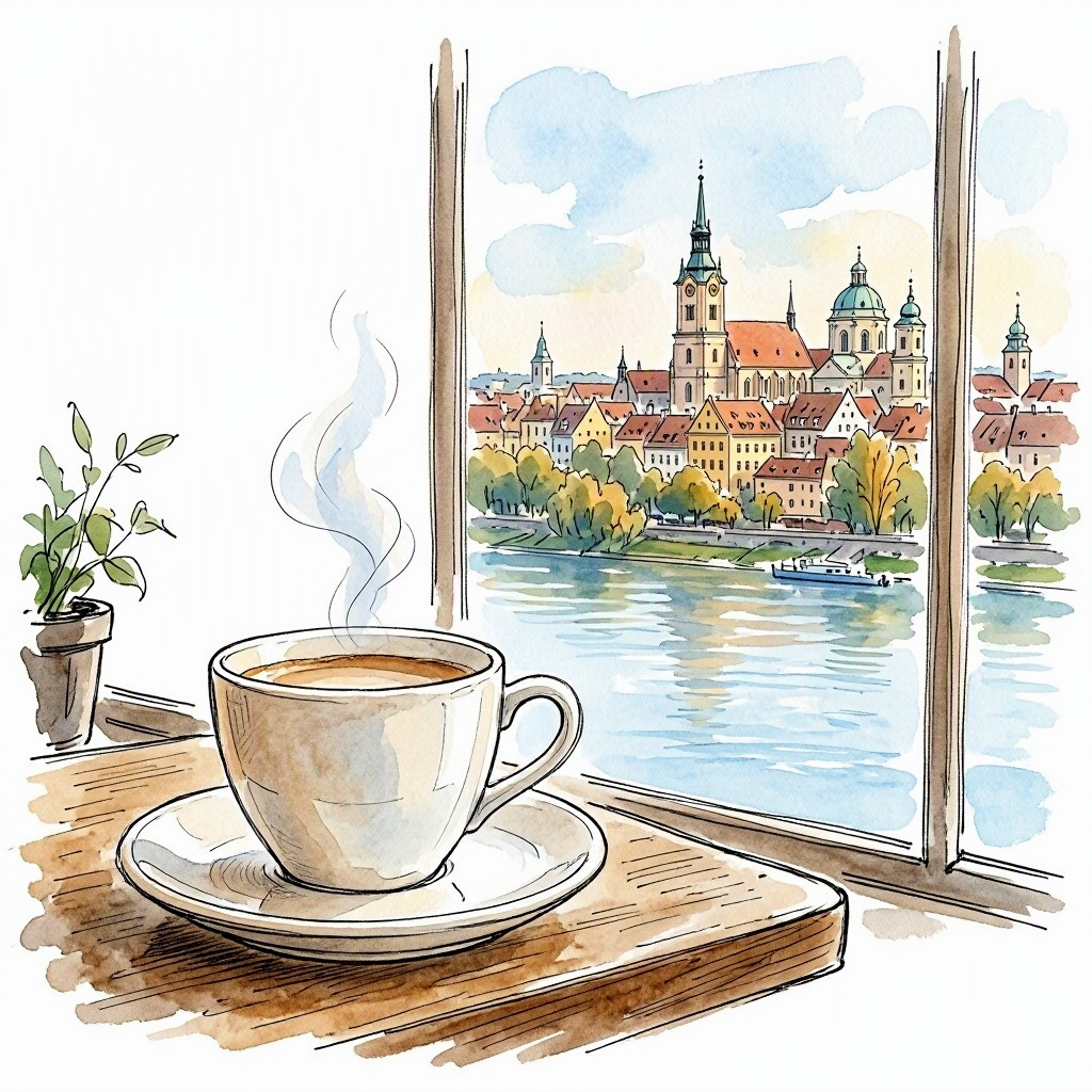 A coffee cup on a table at Ambalaż Café, with the Vistula and Kazimierz visible through floor-to-ceiling windows beyond