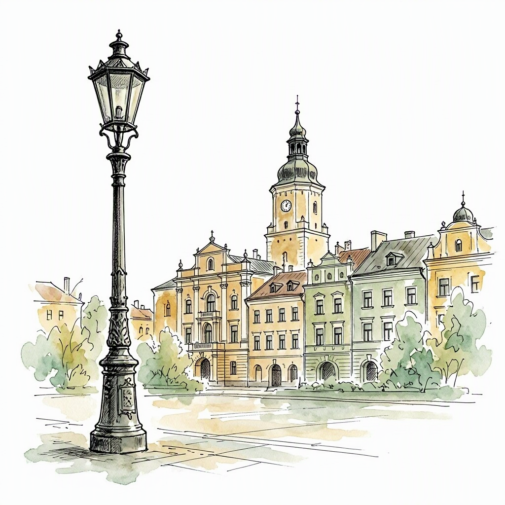 The triangular Rynek Podgórski market square with a single lamp post, in ink vignette