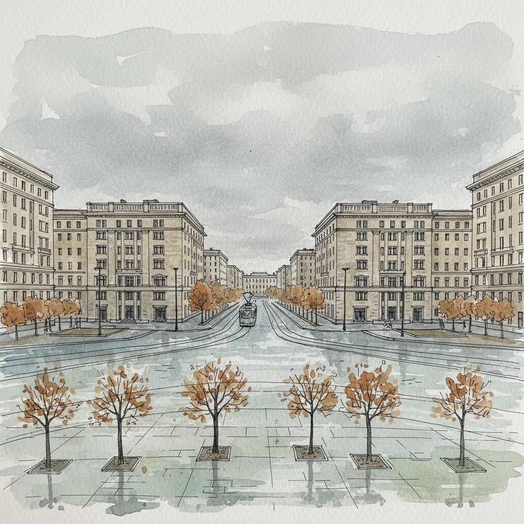Watercolour of Plac Centralny in Nowa Huta, Kraków — symmetrical socialist realist apartment blocks framing a vast semi-circular plaza, a tram passing through, October light