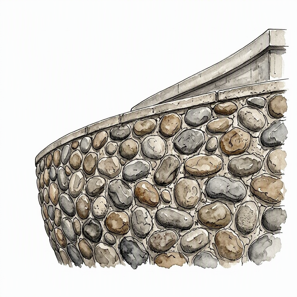 Ink spot drawing of the river-stone exterior wall of Arka Pana church, Nowa Huta, Kraków
