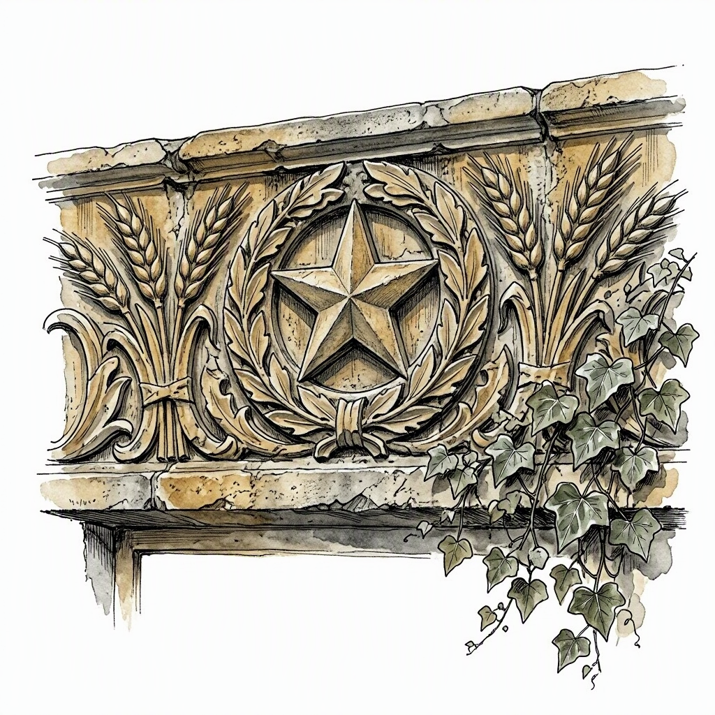 Ink spot drawing of a socialist realist limestone frieze on a Nowa Huta apartment block — wheat sheaves and star motif, with ivy