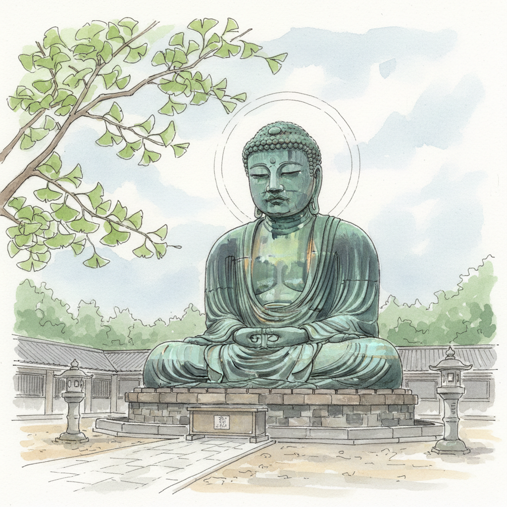 A loose watercolor travel sketch of the Great Buddha of Kamakura at Kotoku-in, seen from below against a soft sky, with the mossy bronze patina and the calm expression of the 13th-century statue