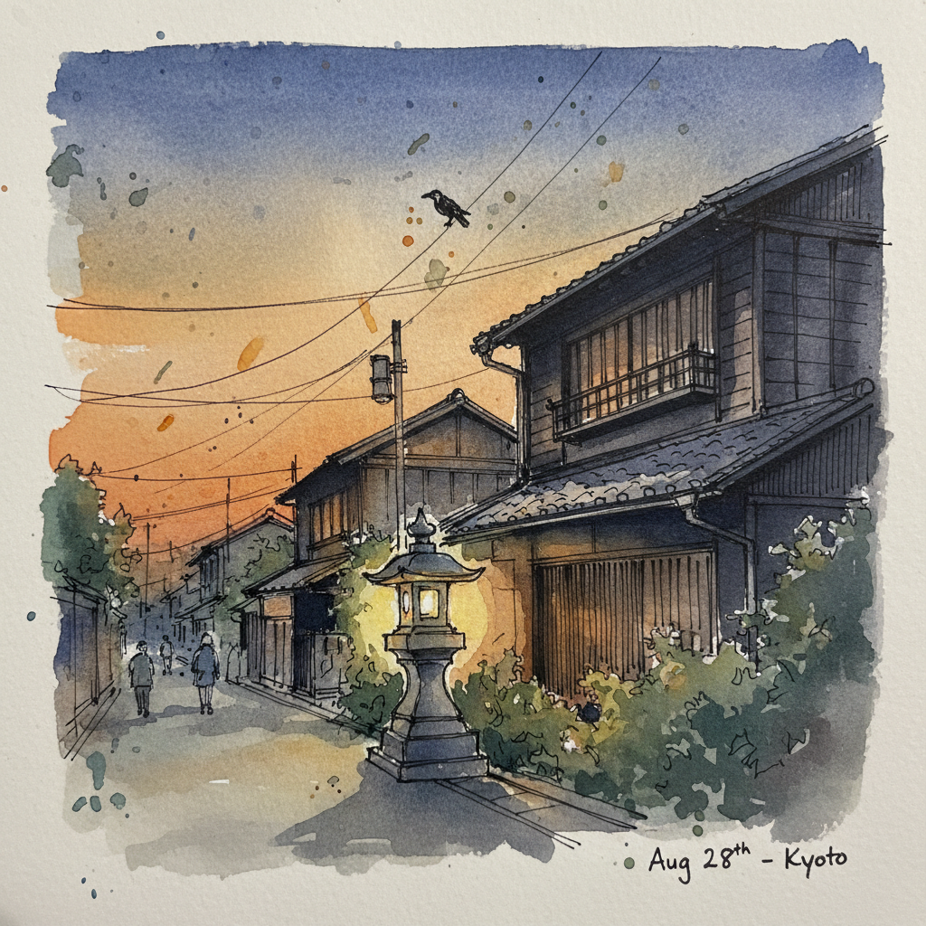 Watercolor sketch of a Kyoto machiya street at dusk, warm ochre light, stone lantern, a crow on a wire