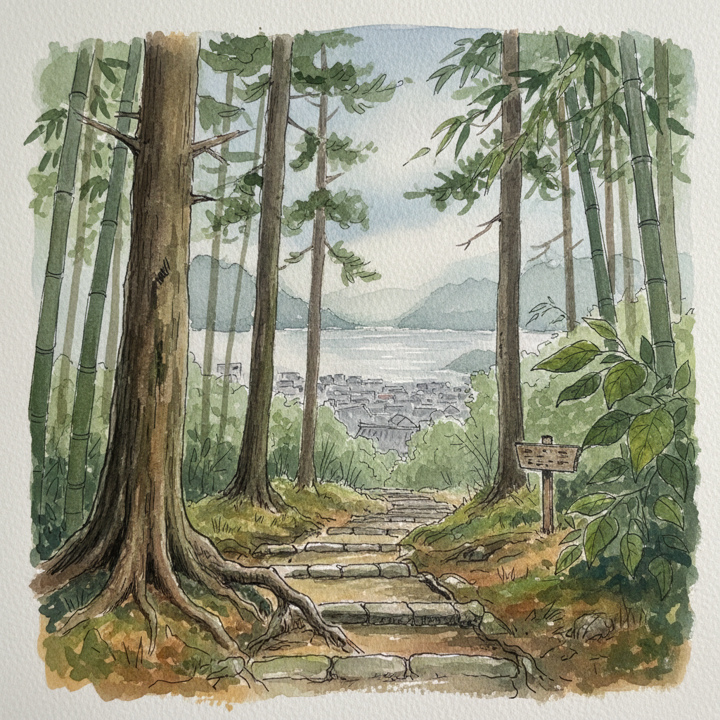 Watercolor sketch of the Ten'en Hiking Course trail through Kamakura's forested hills, with rooftops and the sea visible through mist