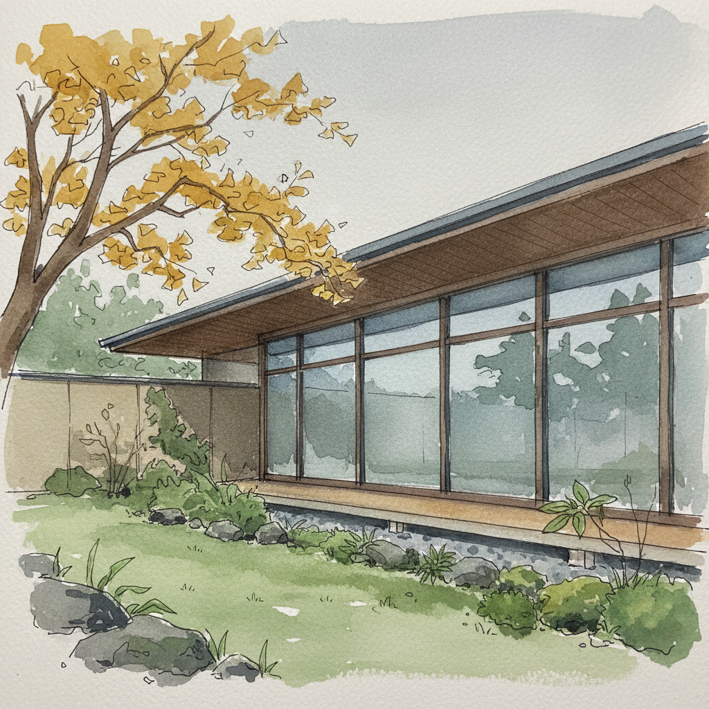 Watercolor sketch of the Museum of Modern Art, Kamakura Annex — a low mid-century building with wide eaves and large windows, nestled among trees near Tsurugaoka Hachimangū