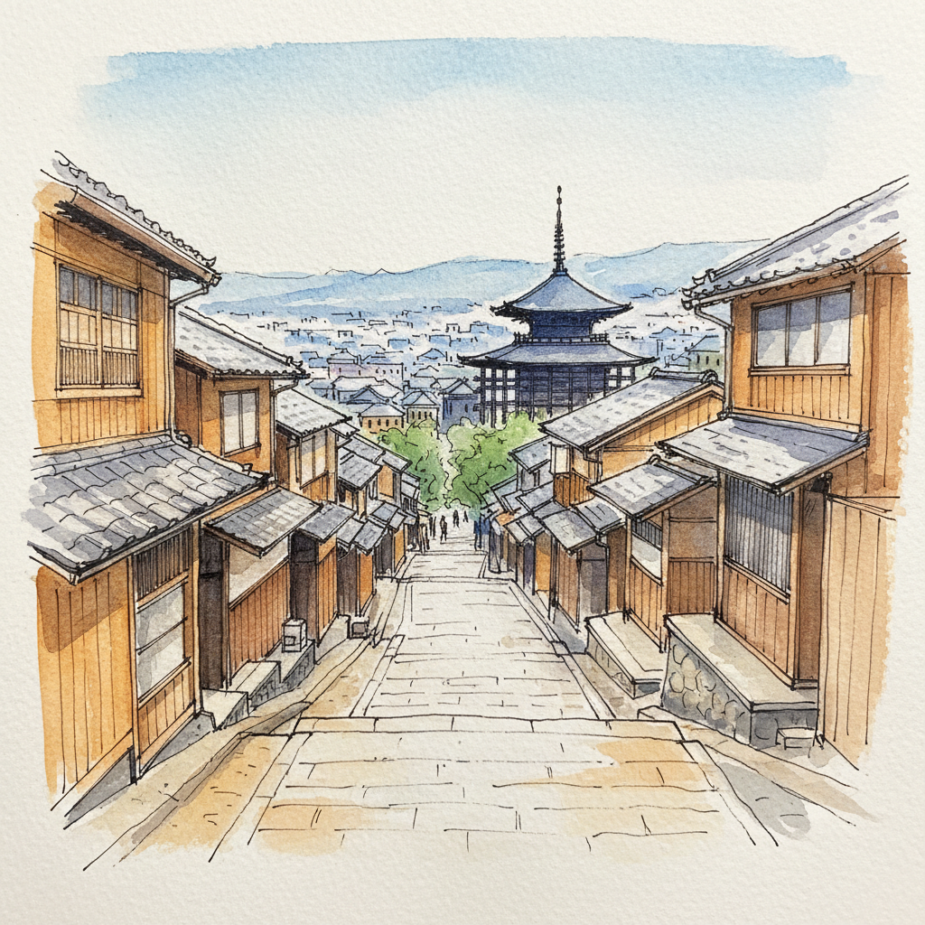 Watercolor sketch of the Sannenzaka stone slope leading up toward Kiyomizu-dera's wooden stage in summer haze