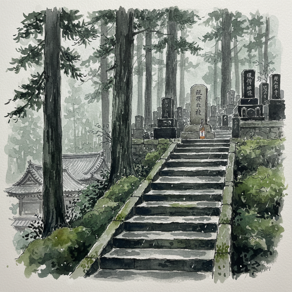 Watercolor sketch of stone steps in cedar forest at Engaku-ji temple, with a plain grave marker in the rain and a sake bottle at its base