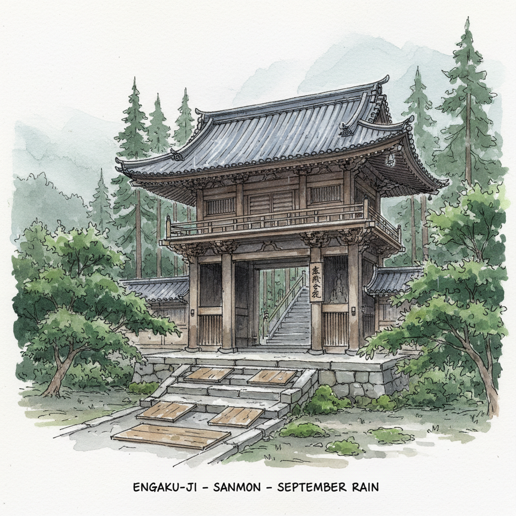 Watercolor sketch of Engaku-ji temple's Sanmon gate in September rain, wooden boardwalk laid over stone steps through cedar forest