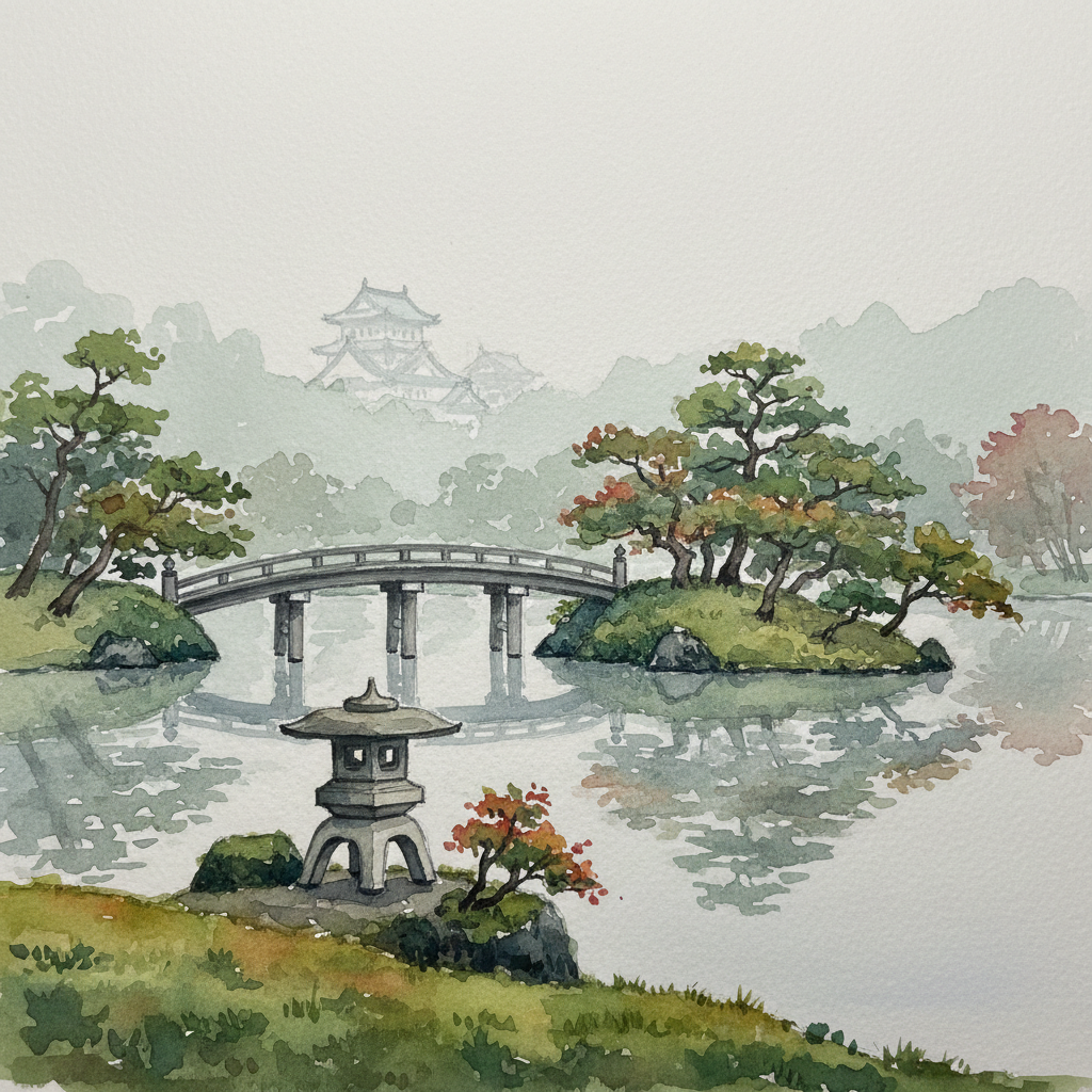 Loose watercolour sketch of Kenroku-en garden in September mist: Kasumi-ga-ike pond with the iconic curved bridge, mossy stone lanterns, and autumn-touched maples under a hazy sky, with Kanazawa Castle's turret faint in the background.