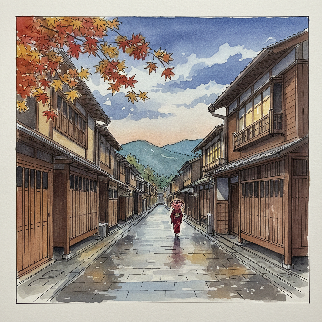 Watercolour sketch of Higashi Chaya district at dusk: cobbled lane lined with wooden latticework teahouses, one warm lantern glow, Utatsuyama hills in the distance, autumn maple overhanging.