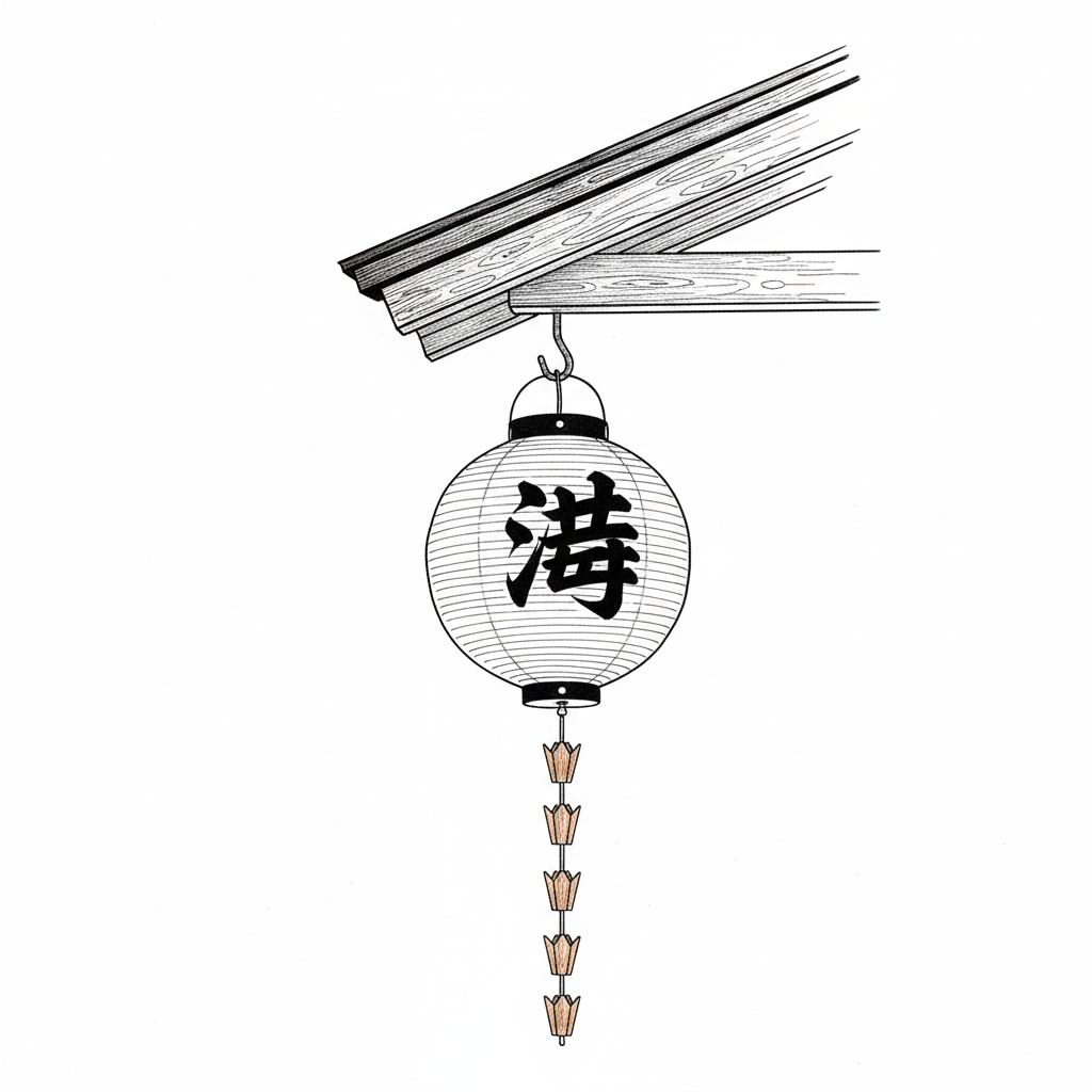 Ink spot-vignette of a single ochaya lantern hanging from a wooden eave in Higashi Chaya.