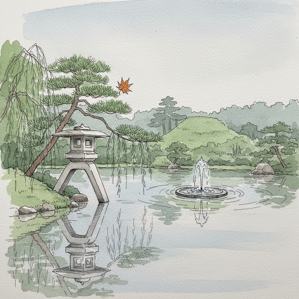 Watercolour sketch of Kenroku-en garden: Kasumi Pond with the Kotoji-tōrō stone lantern, pine trees, autumn hints in the leaves, overcast September light.