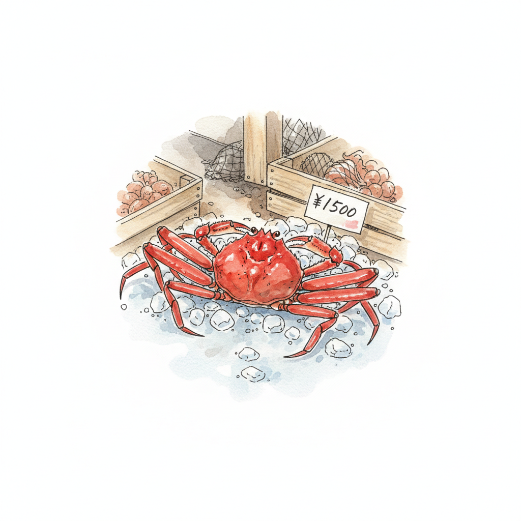 Ink spot-vignette of a ceramic crab on ice at a market stall, Omicho Market.