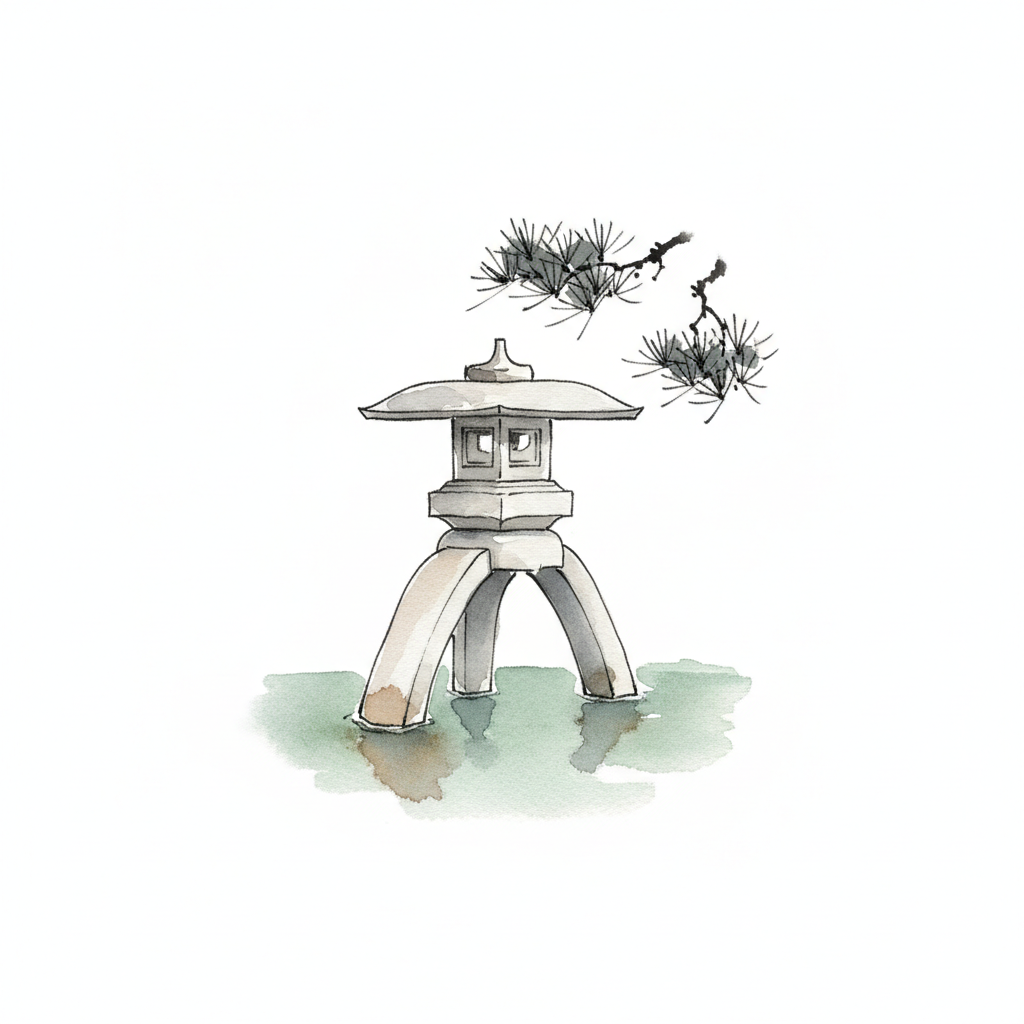 Ink spot-vignette of a Kotoji-tōrō stone lantern in Kenroku-en garden.