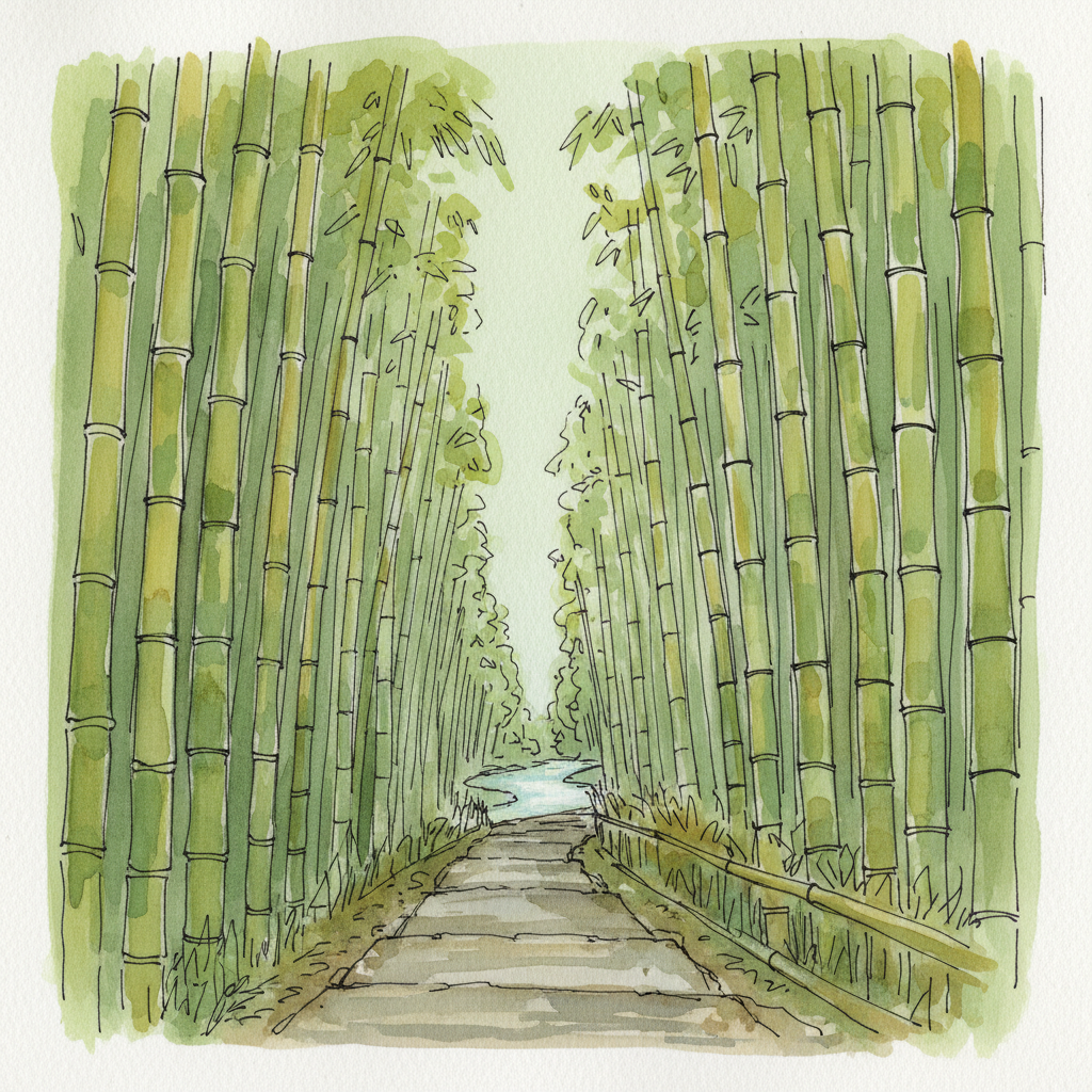 Watercolor sketch of the Sagano Bamboo Grove — tall stalks, filtered green light, a narrow path disappearing into the grove