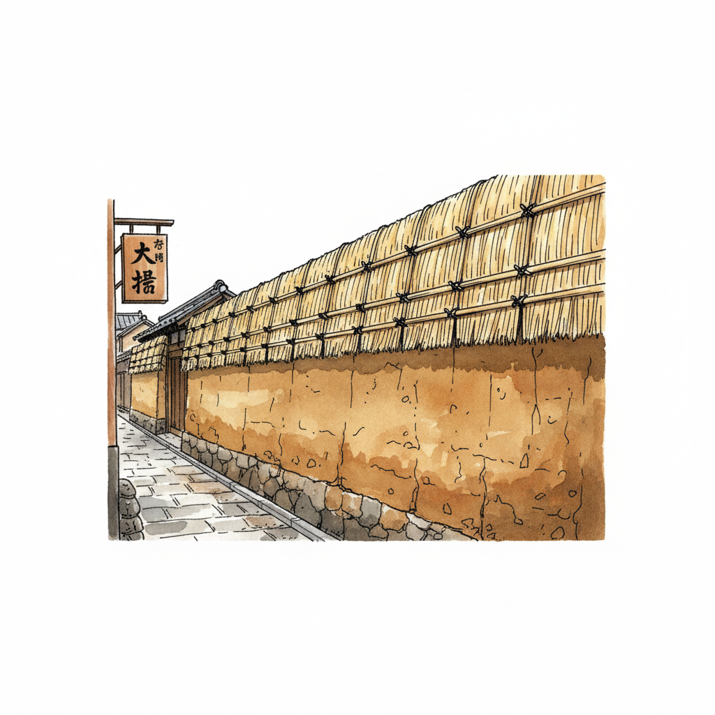 Ink spot-vignette of a samurai earthen wall with straw winter mats in Nagamachi district.
