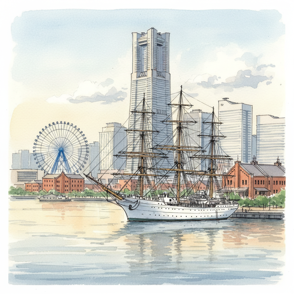 A loose watercolor sketch of Yokohama's Minato Mirai skyline viewed from the harbour — the Nippon Maru sailing ship with its tall masts in the foreground, the glass towers of Landmark Tower and Minato Mirai behind, Cosmo Clock 21 Ferris wheel to the side, warm late-summer light on the water