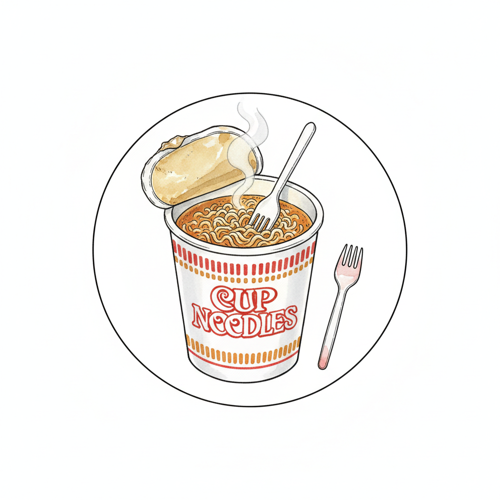 Ink spot-vignette of a Cup Noodles Museum exhibit — a single instant noodle cup with the iconic red stripe design and fork, steam rising from the opening
