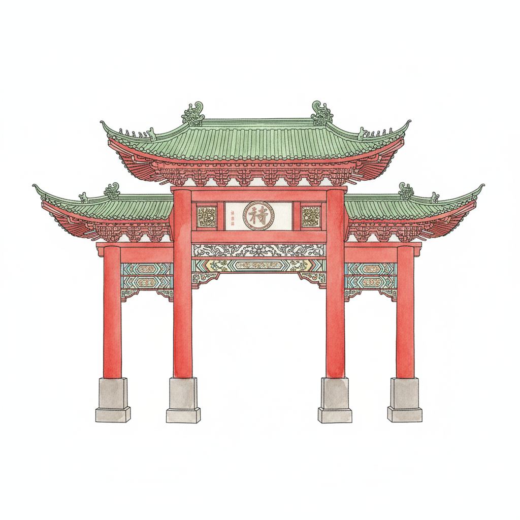 Ink spot-vignette of the Suzaku Gate of Yokohama Chinatown — an ornate vermilion gate with curved tiled roof and carved details, painted pillars, the character for good fortune visible