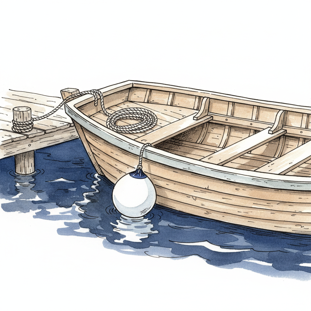Ink spot-vignette of a wooden fishing boat moored in Yokohama harbour, its reflection in still water