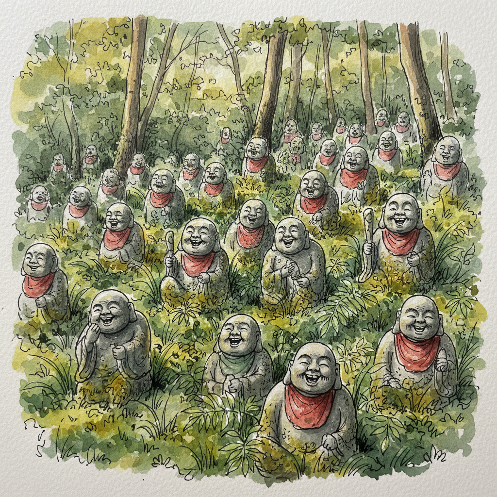 Watercolor sketch of moss-covered stone arhat statues scattered on a hillside at Otagi Nenbutsu-ji, Kyoto — each statue different, worn and quiet among ferns and green light