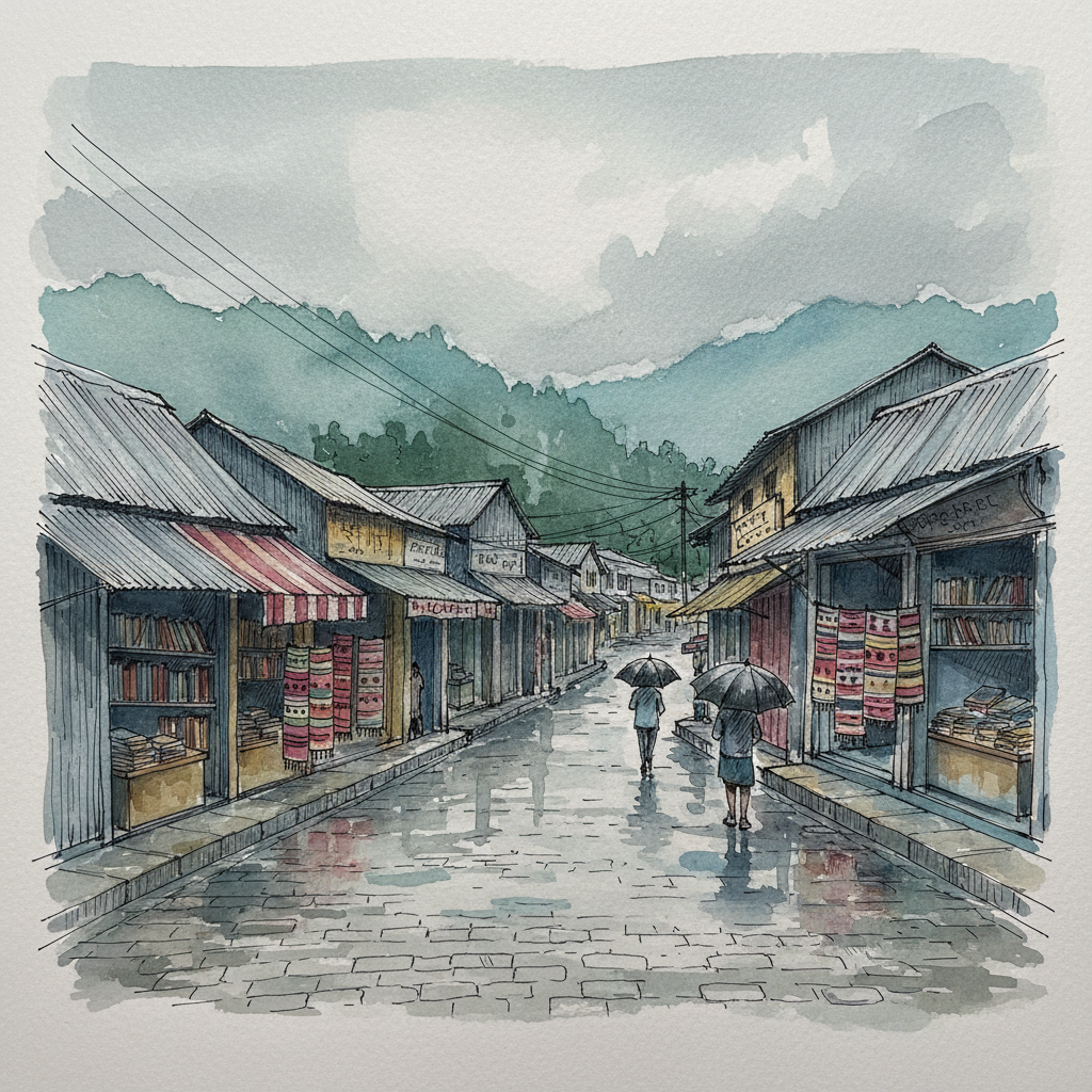 Police Bazar street in Shillong on a rainy morning, tin-roofed shops and pedestrians under umbrellas