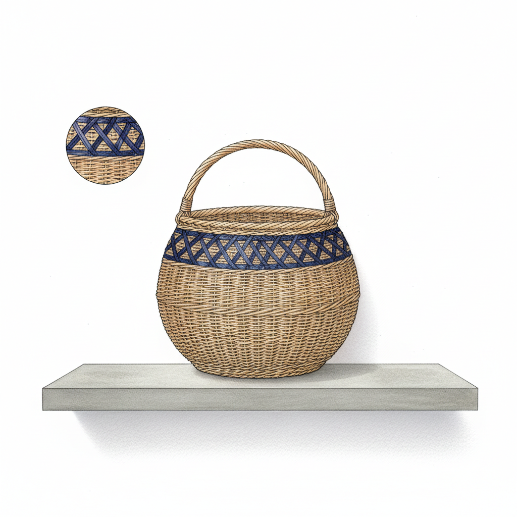 A single handwoven Khasi basket, natural brown and indigo weave, inside the museum display