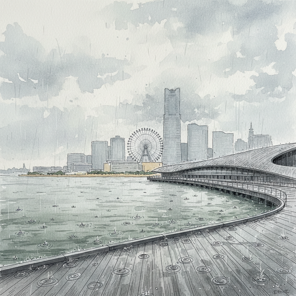 A loose watercolor view across Yokohama Bay on a rainy day, with Osanbashi Pier's curving wooden roof in the foreground and the Minato Mirai skyline fading into grey cloud.