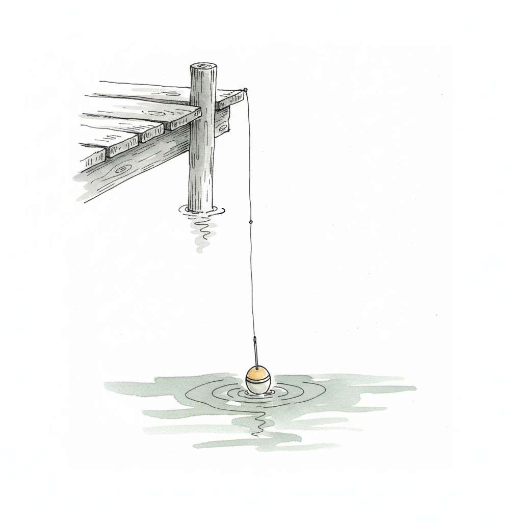 An ink drawing of a fishing line dropping from a pier into still water, with a small float at the surface.